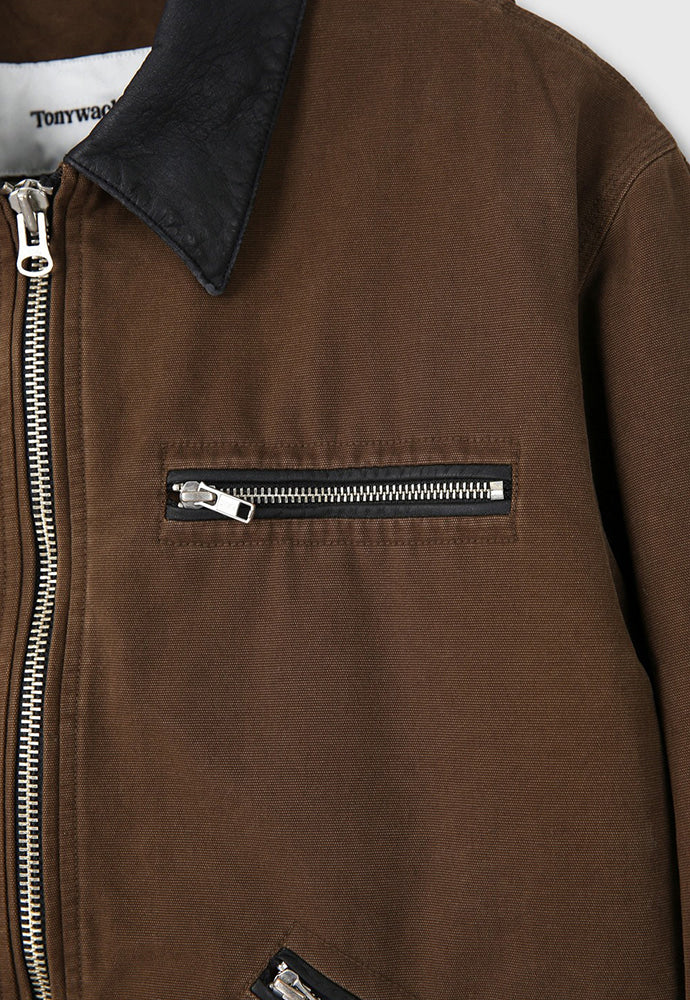 LEATHER COLLAR GARMENT-WASHED ZIP WORK JACKET