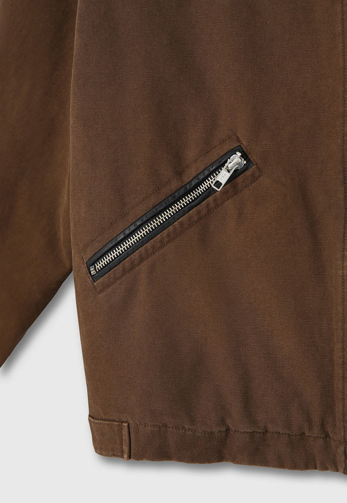 LEATHER COLLAR GARMENT-WASHED ZIP WORK JACKET