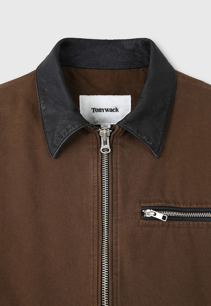 LEATHER COLLAR GARMENT-WASHED ZIP WORK JACKET