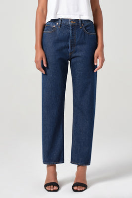 Agolde 90's pinch waist crop straight leg denim clean dark indigo Reissue | Pipe and Row