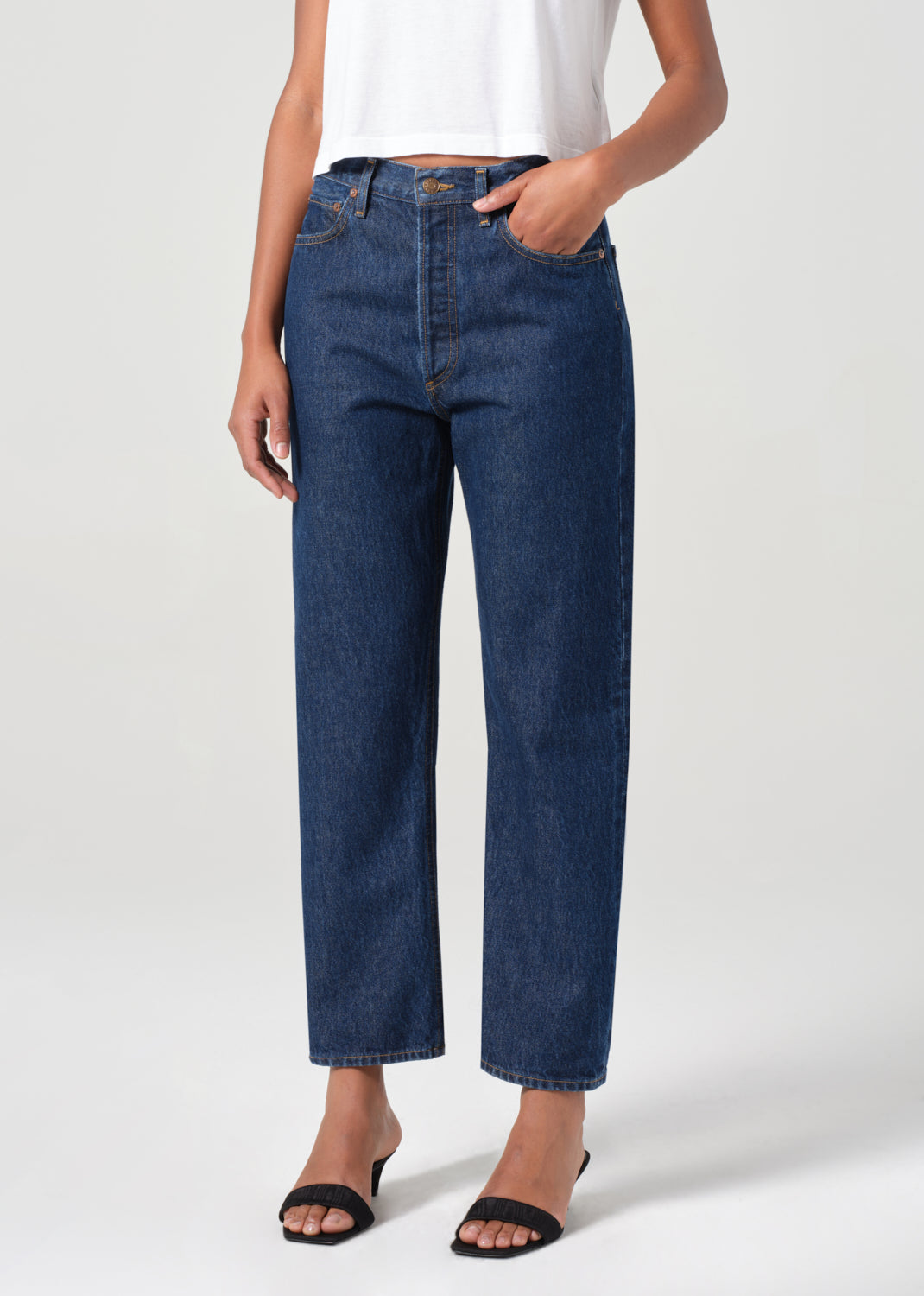 Agolde 90's pinch waist crop straight leg denim clean dark indigo Reissue | Pipe and Row
