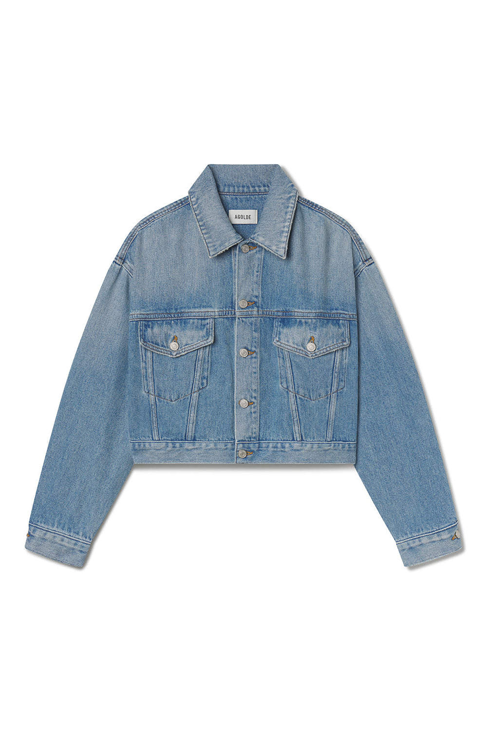 Agolde Palmer cropped denim jean jacket volume indigo blue script | Pipe and Row