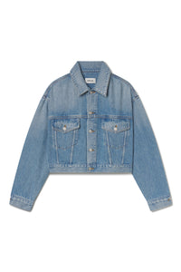 Agolde Palmer cropped denim jean jacket volume indigo blue script | Pipe and Row