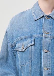 Agolde Palmer cropped denim jean jacket volume indigo blue script | Pipe and Row