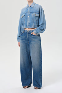 Agolde Palmer cropped denim jean jacket volume indigo script | Pipe and Row