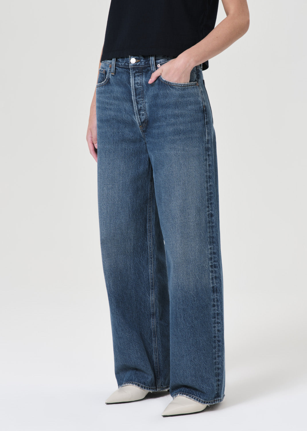 Agolde wide leg low slung baggy essence dark indigo wash | pipe and row