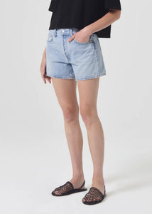 Agolde Parker long jean shorts feud light blue indigo wash | pipe and row