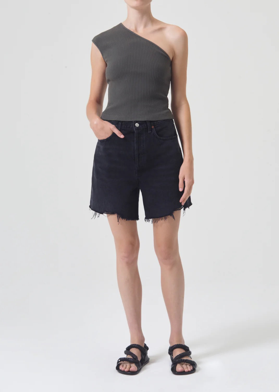 Agolde hi rise Stella denim shorts black Gone cut off hem | pipe and row