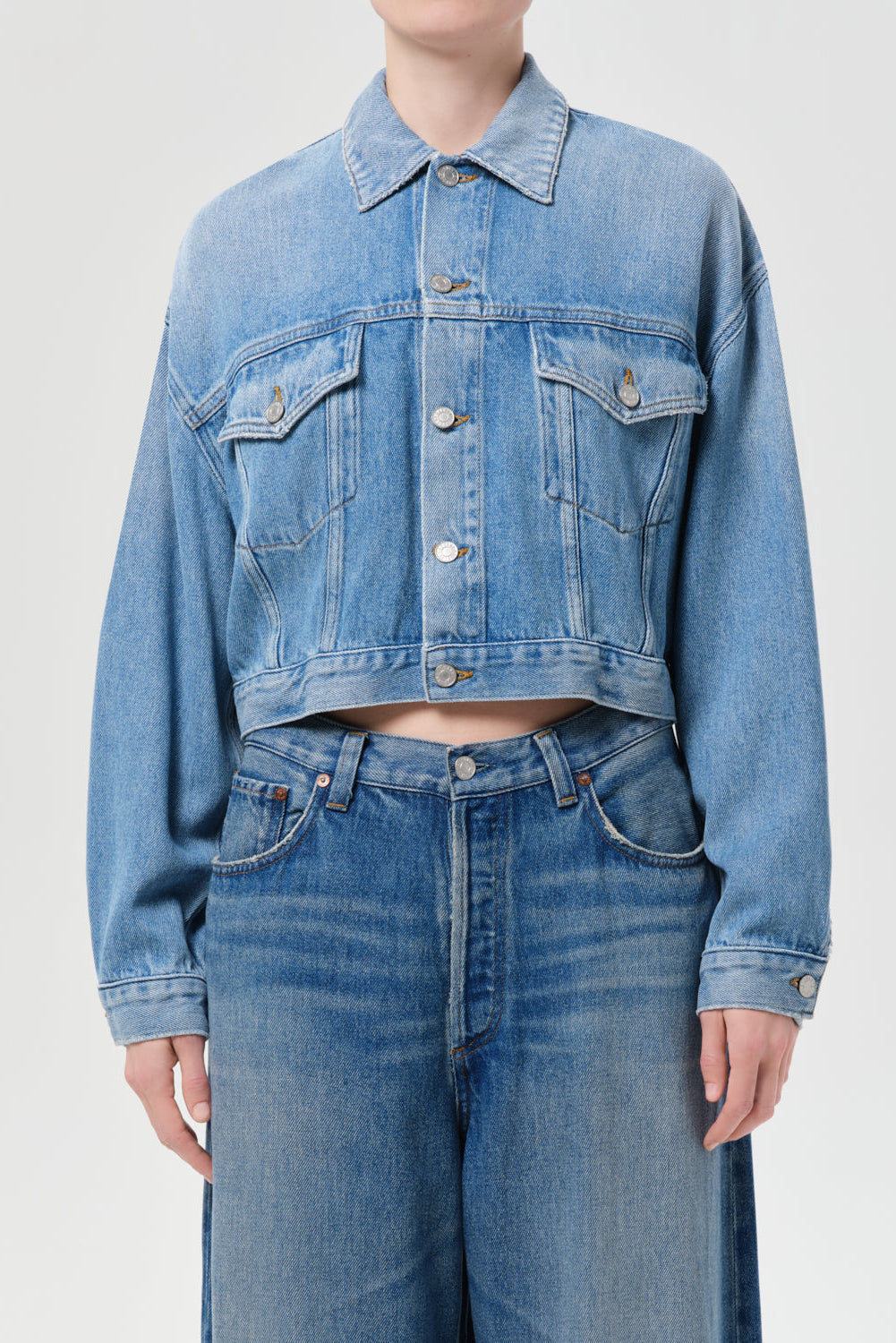 Agolde Palmer cropped denim jean jacket volume indigo script | Pipe and Row