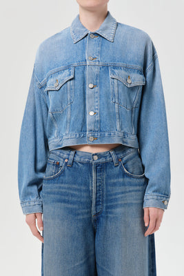 Agolde Palmer cropped denim jean jacket volume indigo script | Pipe and Row