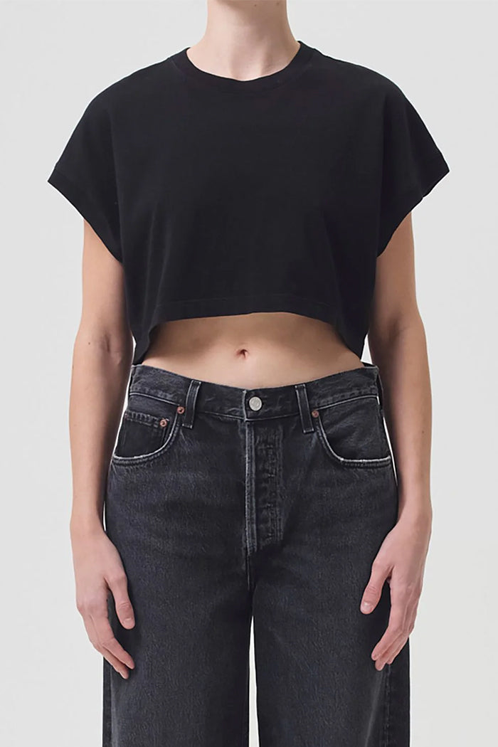 Agolde cropped Aiden tee black flattering angled sleeves | Pipe and Row