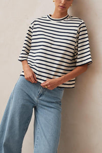 Alohas Capa white navy stripe oversized t-shirt shoulder pad | Pipe and Row