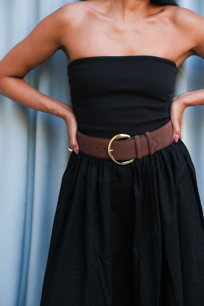 B-low the Belt Florence waist belt suede cognac chocolate gold hardware | Pipe and Row