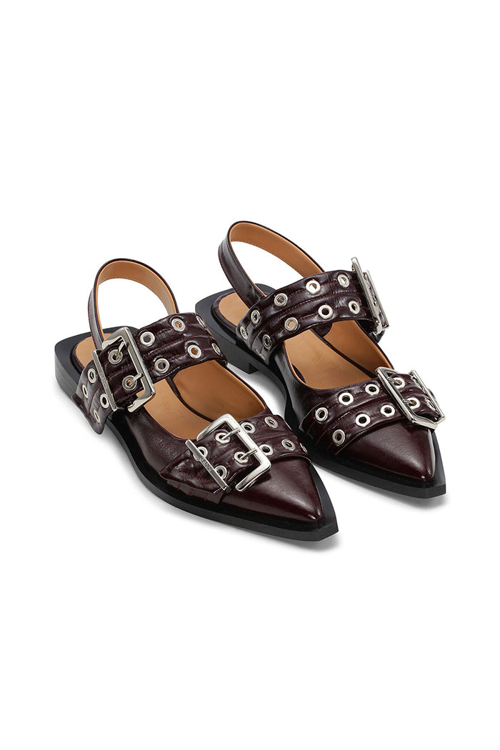 Ganni wide welt buckle ballerina ballet flats burgundy dark red patent leather | Pipe and Row