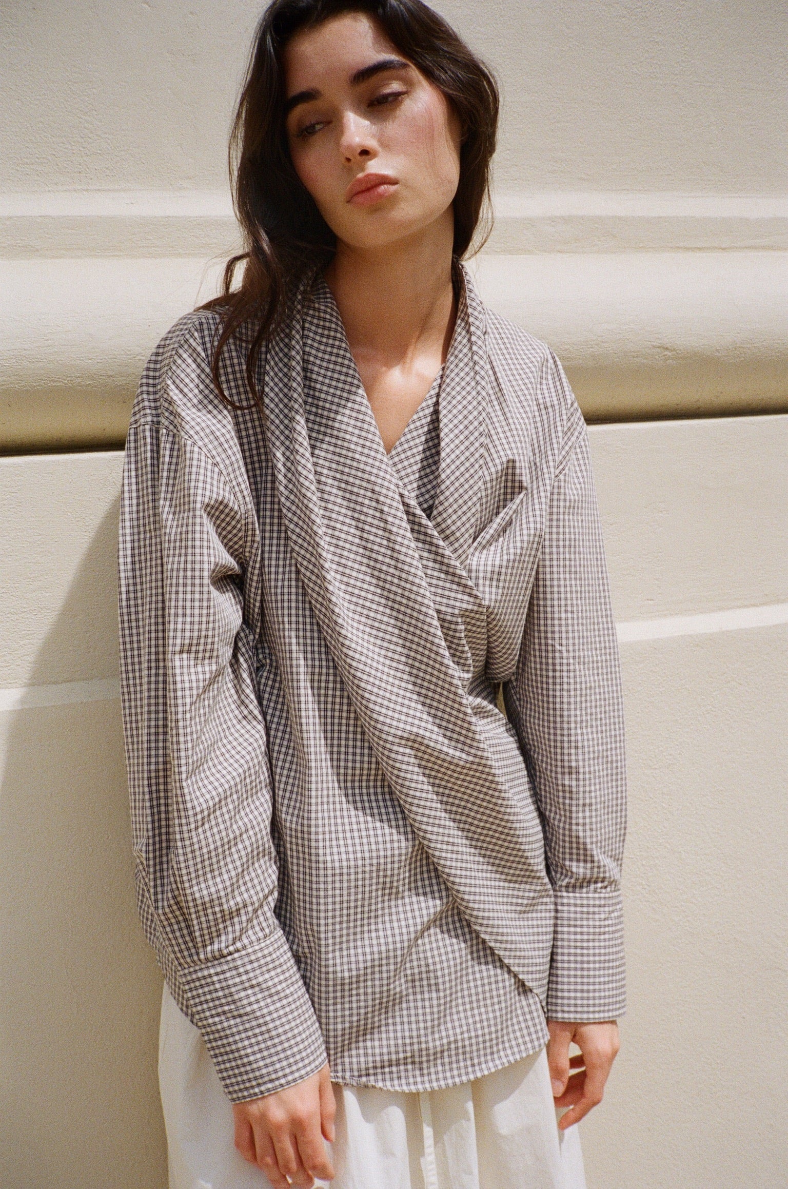 Belle Ana black plaid convertible wrap Leandra shirt with draped