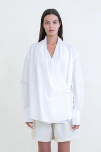 Belle Ana crisp white convertible wrap Leandra shirt draped | Pipe and Row