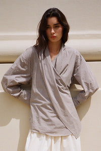 Belle Anna black plaid convertible wrap Leandra shirt with draped