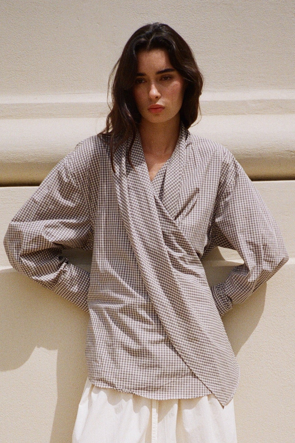 Belle Anna black plaid convertible wrap Leandra shirt with draped