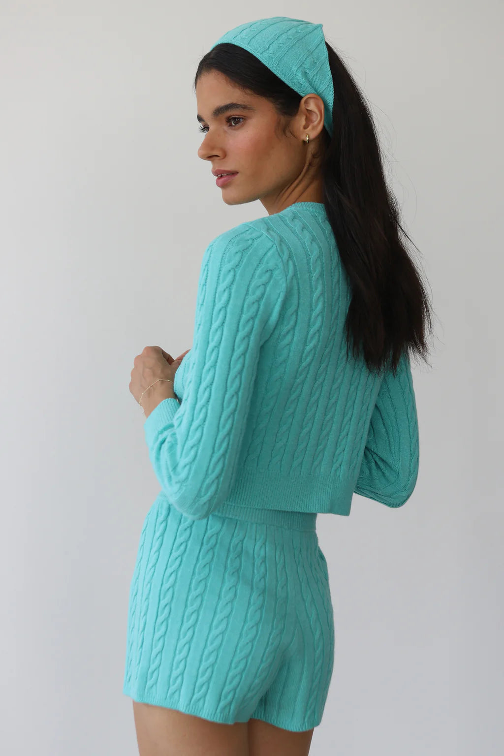 Callahan cable knit Valerie triangle headscarf capri blue | Pipe and Row