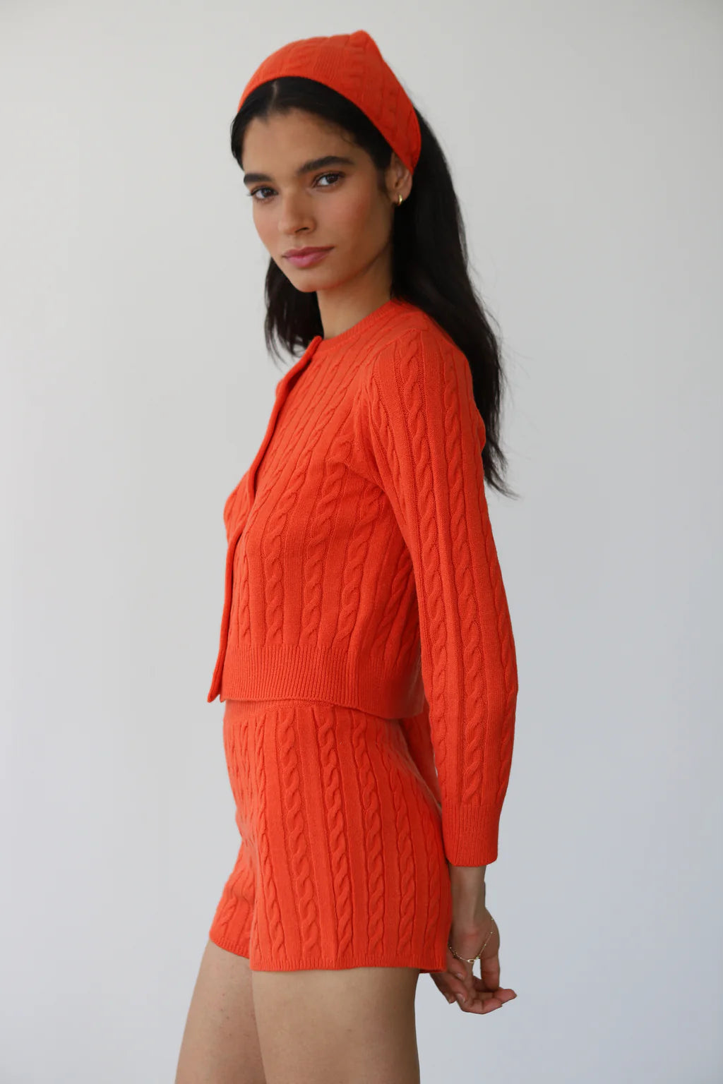 Callahan cable knit Valerie triangle headscarf poppy orange red PIPE AND ROW