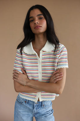 Callahan colorful striped button up Mai crochet polo sweater PIPE AND ROW