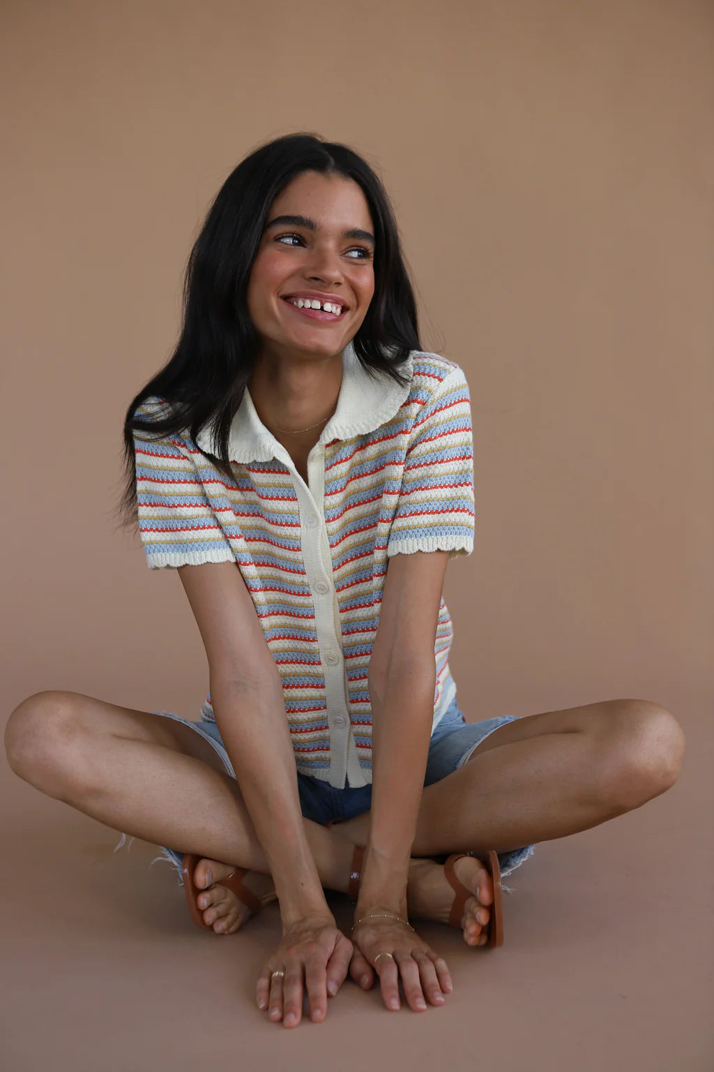 Callahan colorful striped button up Mai crochet polo sweater PIPE AND ROW