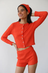 Callahan fitted cable knit Valerie cardigan sweater poppy orange red | Pipe and Row