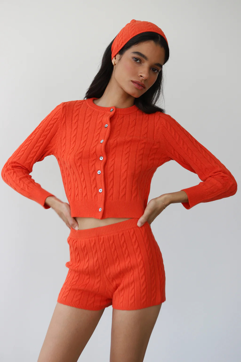 Callahan fitted cable knit Valerie cardigan sweater poppy orange red | Pipe and Row
