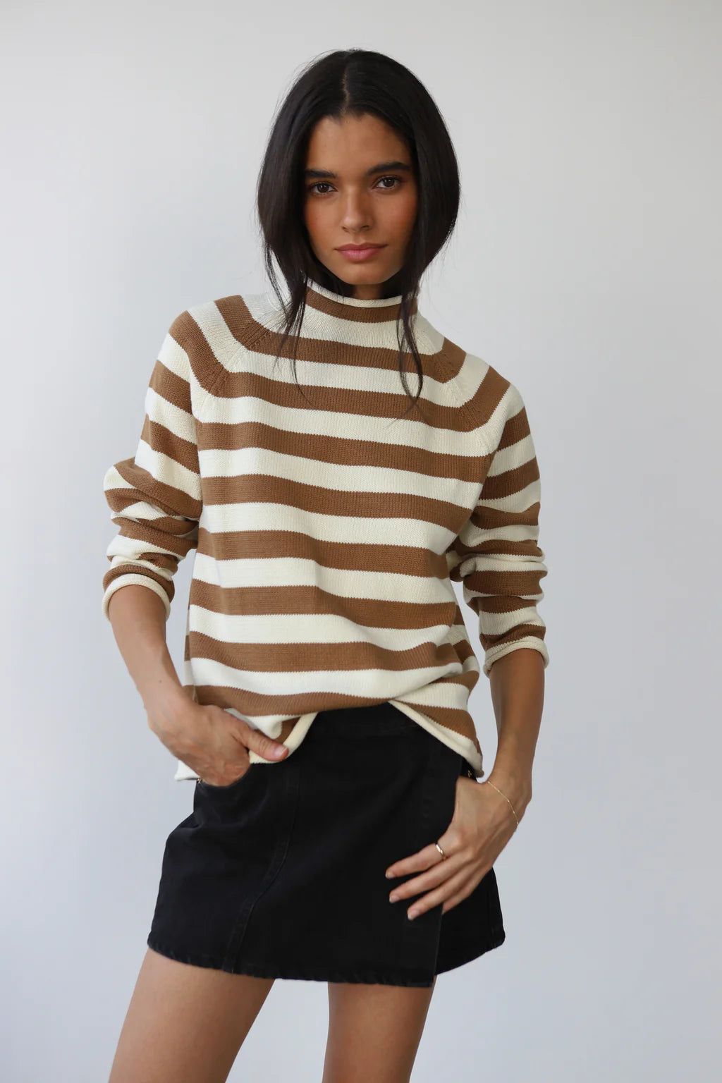Callahan mock neck rolled collar relaxed sweater ginger root tan stripe PIPE AND ROW