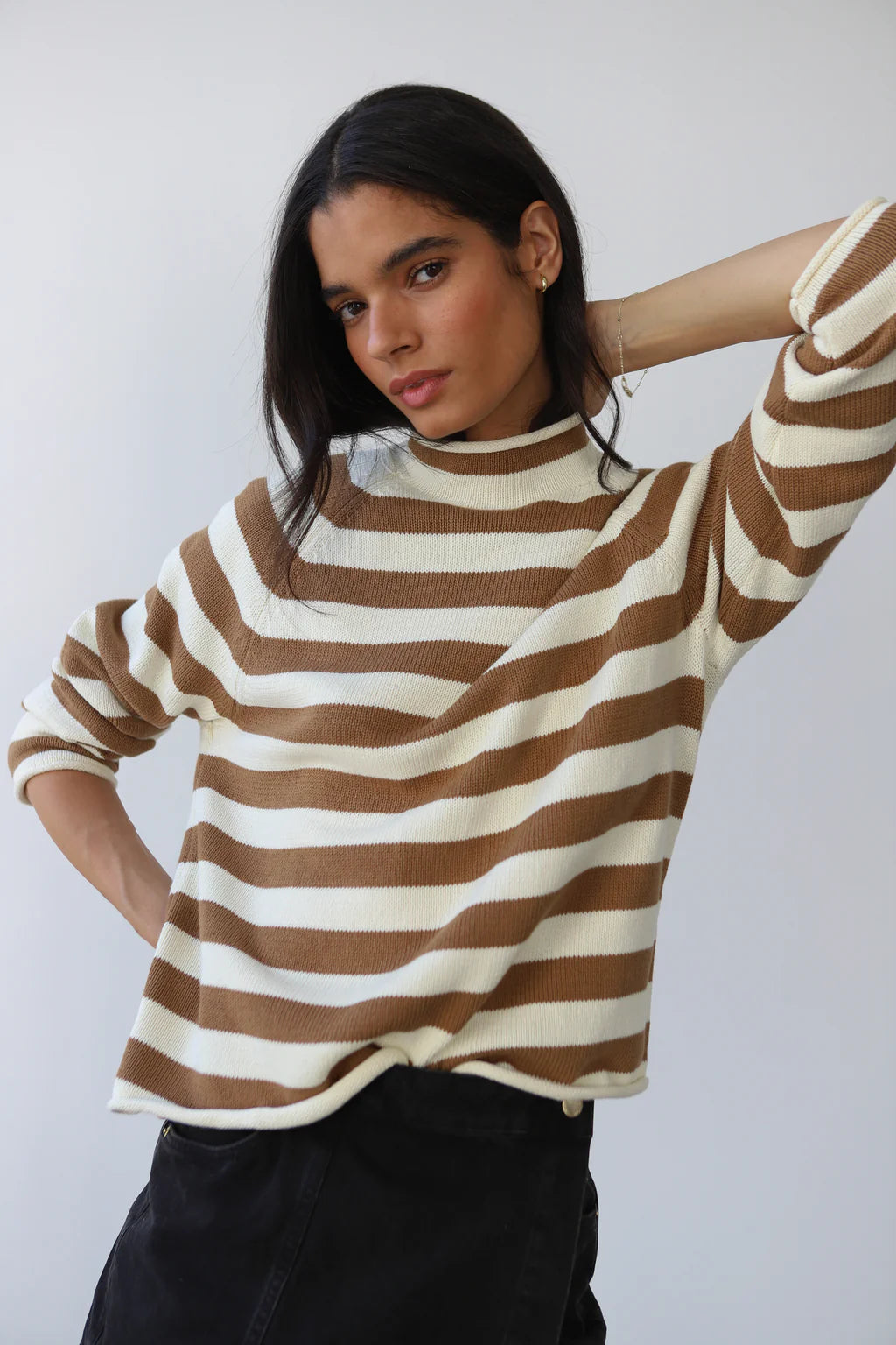 Callahan mock neck rolled collar relaxed sweater ginger root tan stripe PIPE AND ROW