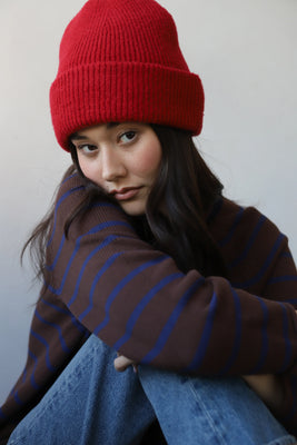 Callahan warm soft ribbed knit beanie cherry red | Pipe and Row