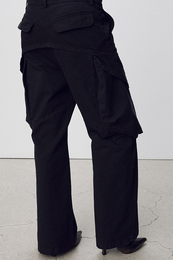 Tonywack garment dyed carbon pigment black, gabardine, wide cargo pant PIPE AND ROW