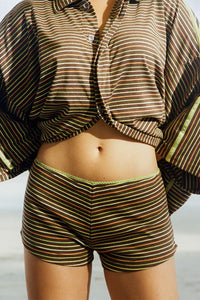 Ciao Ciao cotton jersey rib striper hot mini shorts brown multi stripe | Pipe and Row