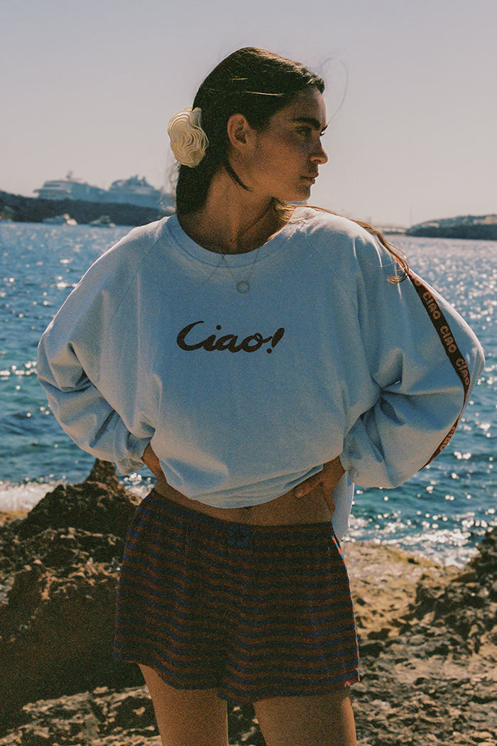 Ciao Ciao light blue Amatriciana long sleeve oversized graphic tee | Pipe and Row