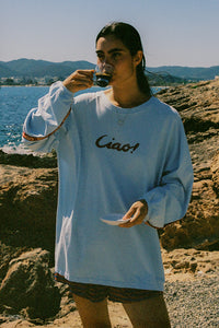 Ciao Ciao light blue Amatriciana long sleeve oversized graphic tee | Pipe and Row