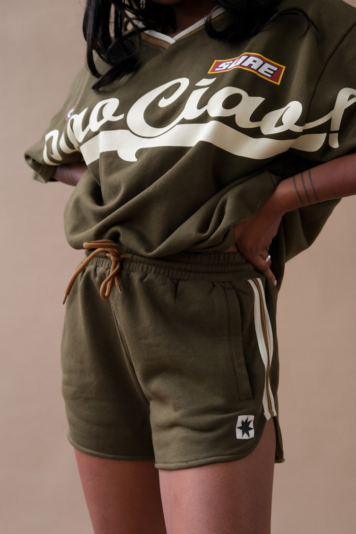Ciao Ciao All Sorts Runner shorts dark khaki green | Pipe and Row