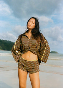 Ciao Ciao cotton jersey rib striper hot mini shorts brown multi stripe | Pipe and Row