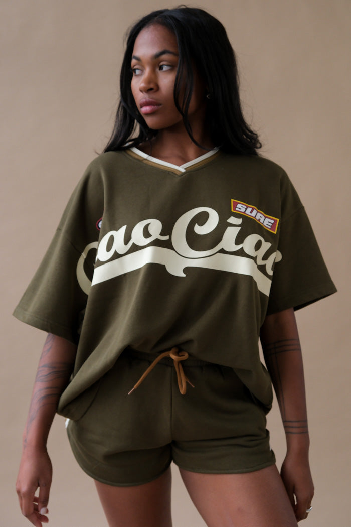 Ciao Ciao khaki green Enzo sport jersey tee shirt vintage patches oversized  | Pipe and Row