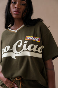 Ciao Ciao khaki green Enzo sport jersey tee shirt vintage patches oversized  | Pipe and Row