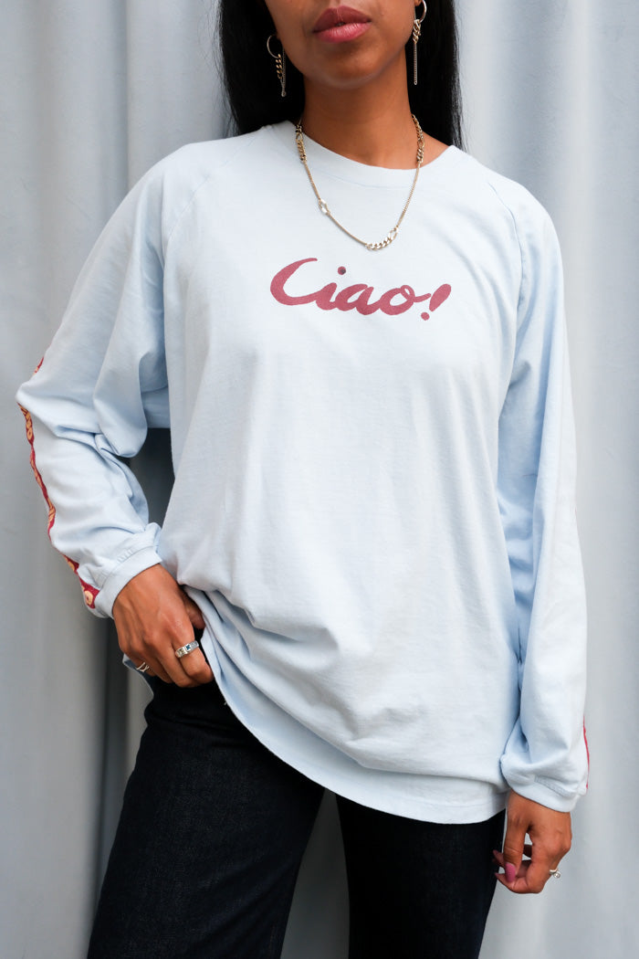 Ciao Ciao light blue Amatriciana long sleeve oversized graphic tee | Pipe and Row
