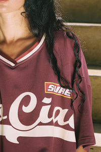 Ciao Ciao v-neck burgundy Enzo sport jersey tee shirt dark red burgundy  cream patches | Pipe and Row Seattle Boutique