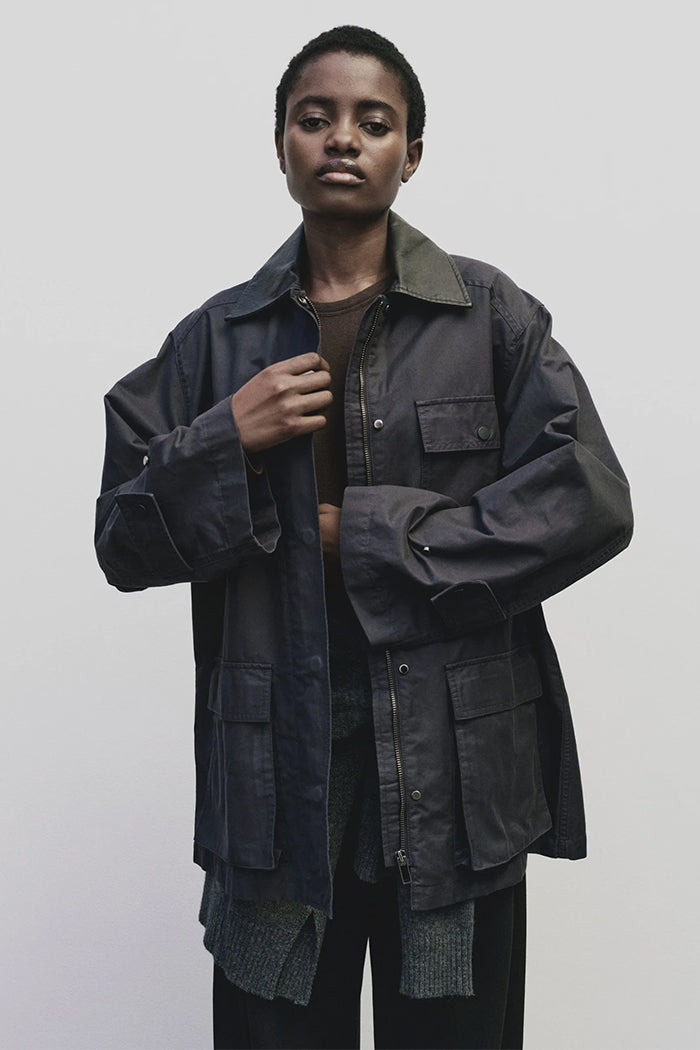 Mijeong Park oversized contrast collar chore work jacket navy | Pipe and Row 