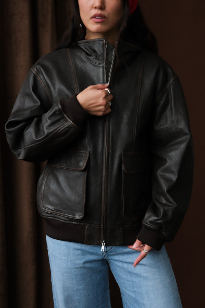 UNISEX STAND COLLARED LEATHER BLOUSON