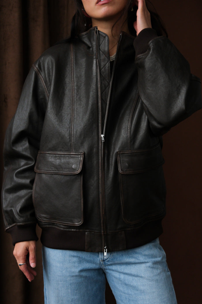 UNISEX STAND COLLARED LEATHER BLOUSON