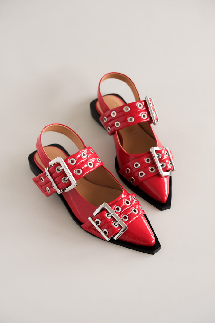 Ganni wide welt buckle ballerina flats racing red patent crinkled leather | Pipe and Row