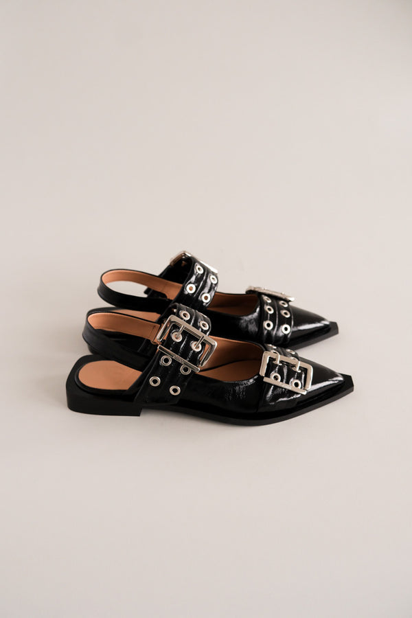 Ganni wide welt buckle ballerina ballet flats black patent leather | Pipe  and Row - PIPE AND ROW