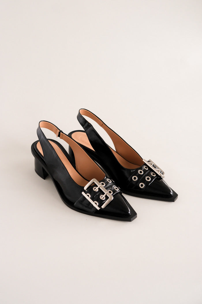 Ganni feminine buckle sling back pumps black crinkle patent | Pipe and Row