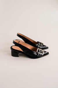 Ganni feminine buckle sling back pumps black crinkle patent | Pipe and Row