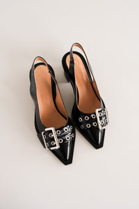 Ganni feminine buckle sling back pumps black crinkle patent | Pipe and Row