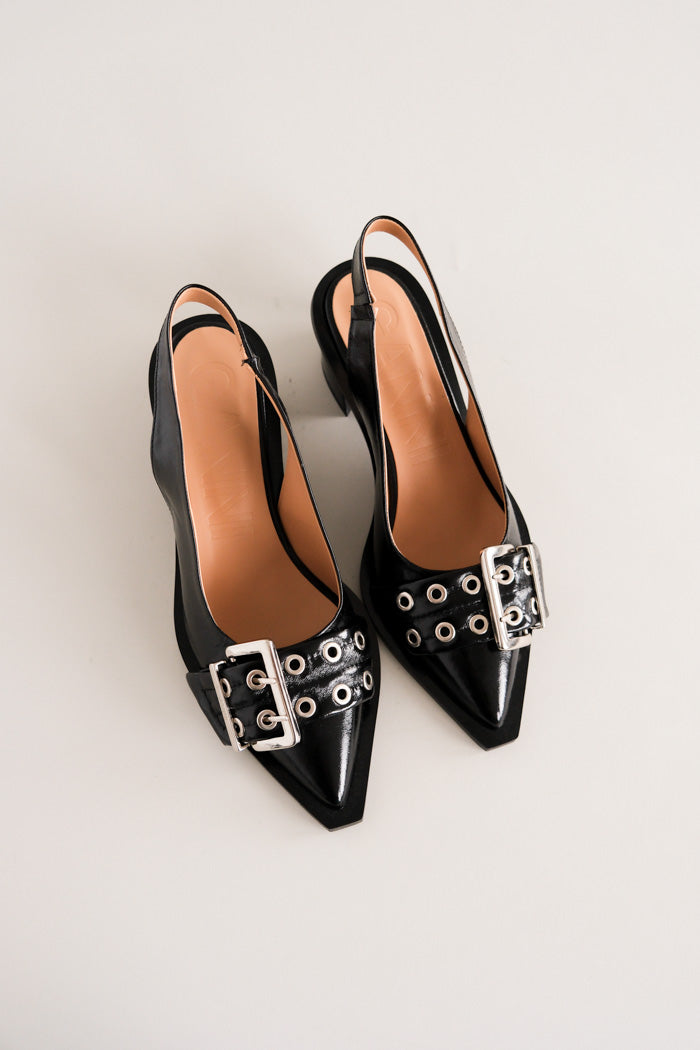 Ganni feminine buckle sling back pumps black crinkle patent | Pipe and Row